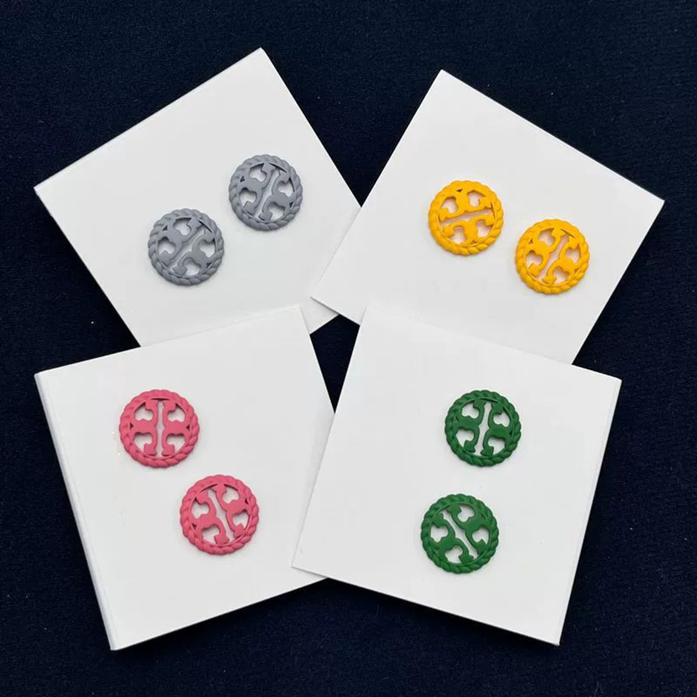Tory Burch Geometric Round Hollow Letter Stud Earrings Candy Color Pair